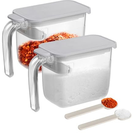 Ugotit Spice Jars Condiment Jar Seasoning Containers, Clear Salt Container with Spoon Lid and Handle, for Cinnamon, Paprika, Garlic Powder (Set of 2 Grey,16oz)