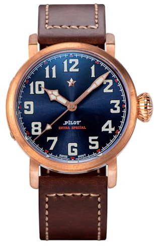 Seestern Sugess Pilot Master S408 Automatik Bronze Blau Braun Leder Saphir Herrenuhr, bronze, Armband