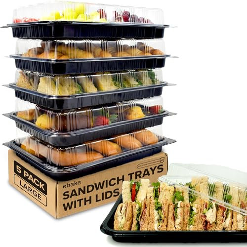 Sandwich Platter Trays with Lids - 5 Pack Reusable Catering Trays with Lids (45cm × 31cm × 7.5 cm) - Party Food Trays for Tea Time Snacks, Sandwiches, Cake, Treats, Sushi and Meal Prep