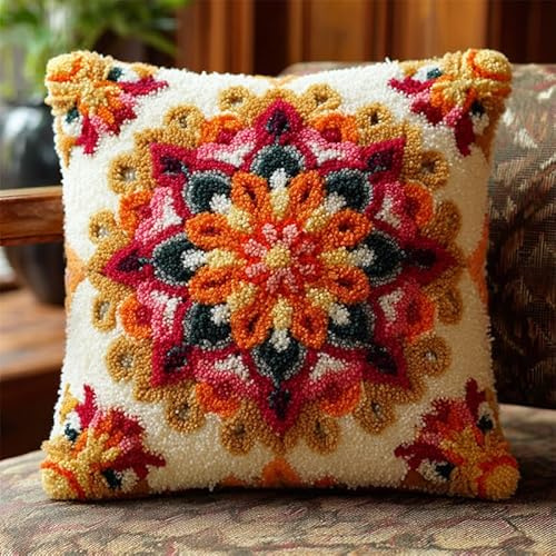 WallustrioaW Retro-Stil Latch Hook Set Cushion Embroidery Set,Mandala-Blumen,cushion cover for DIY for beginners and adults,crafts gifts for family,friends,43x43cm