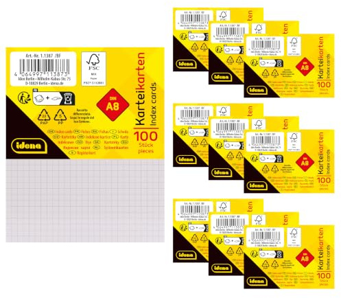 Idena 90361 - Karteikarten A8, 1000 Stück kariert, Lernkarten aus 180 g/m² FSC-Mix Papier in Weiß, für Schule und Büro