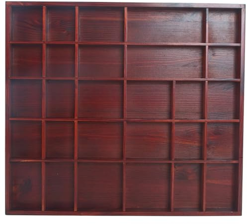 WooDeeDoo Wooden 28 Compartments Display Trinkets Shelf - Hand-Stained - Mahogany - Satin - Pine Wood Wall Mounted Shadow Box Vintage Curio Cabinet Miniatures Tray - 45 x 40 x 3.5 cm