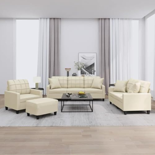Mokuyary 4-TLG. Sofagarnitur mit Kissen Creme Kunstleder, Sofa Couch mit Polstern und Fußhocker für Wohnzimmer Schlafzimmer Wohnung Gästezimmer Büro