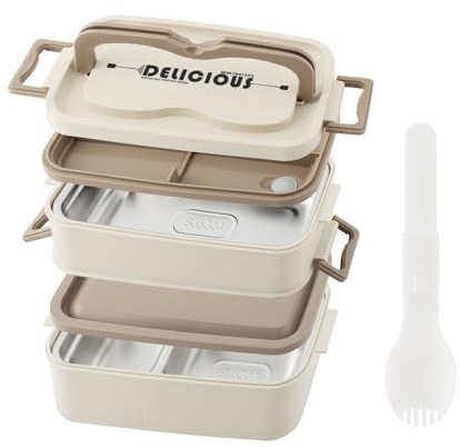 OITUGG 2-etagige Brotdose mit Edelstahl-Inneneinsatz, 1800 ml – 3 Fächer, inkl. Löffel, BPA-frei, mikrowellengeeignet, 63,35 oz, Off-White, Maße: 19 x 11 x 14,5 cm