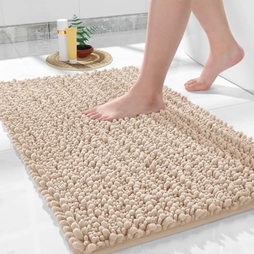 Yimobra Chenille Badematte rutschfest, Weicher Badvorleger Maschinenwaschbar, Mikrofaser Absorbent Badteppich, für Dusche und Badezimmer, 43 x 61 cm, Hellbraun