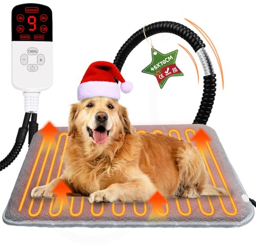Warmfay Pet Heating Pad 45 x 70 cm, Electric Heated Pet Mat with & 9 Adjustable Temperature & 4 Timing Settings & Auto Shut Off, Anti-Bite Waterproof Safety Heated Blanket for Cat Dog