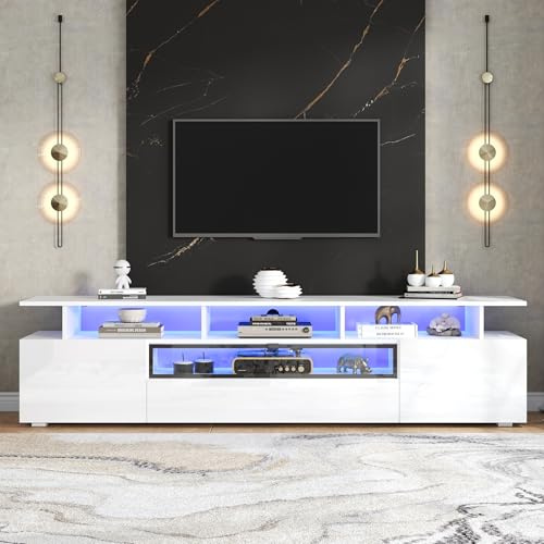 Mobile TV 180 x 38 x 45 cm, supporto per TV lucido, con 2 armadi e 1 cassetto, ripiano basso con LED e 10 ripiani, mobile da soggiorno, adatto per TV da 75 pollici