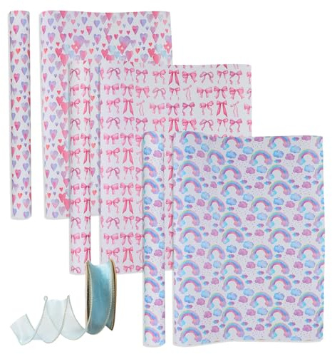 Culinavog 3 rouleaux Papier Emballage Cadeau Anniversaire, Rouleau De Paper Cadeau, papier d'emballage rose recyclable, Paper Emballage avec Ruban pour décoration de fête Fille Femme Enfant