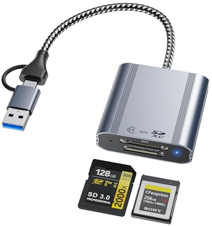 2in1 USB-A + USB-C CFexpress Type A & SD Card Reader 10Gbps USB 3.2(Gen 2) | Type A CFexpress Adapter Camera External Memory Card Reader Support Windows/Mac OS/Linux/Android/Laptops