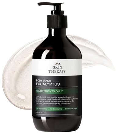 SKIN THERAPY Eucalyptus Body Wash (453ml) - ONLY 9 ingredients, Clean Shower Gel - Gentle Exfoliation & Hydration for Soft, Plush, Glowing Skin - No Sulfates, Parabens or Hormone Disruptors