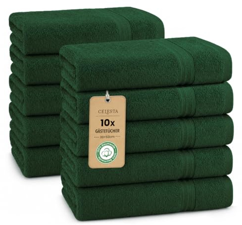 CELESTA Gästehandtücher 30x50 cm 10er‑Set, 100% Baumwolle Frottee, Grün | OEKO‑TEX zertifiziert, Frottee‑Handtücher aus Baumwolle, weich & saugstark, ideal für Gästezimmer, Waschbecken, Küche, Reise