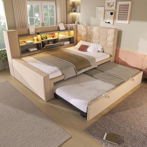 Yrxin Polsterbett mit LED-Beleuchtung 90x200cm, Mit Ausziehbett 90x190cm, Struraumbett, L-förmigem Kopfteil mit Stauraum, beidseitig montierbar, Lattenrost, Leinen (Beige, 90x200CM)