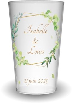 Wobz - Gobelet Personnalisé Mariage Encadrement Vert - Translucide - Impression Quadrichromie - Fabriqué En France - Prénoms Et Date Personnalisables - 25 cl - Pack de 10, 25, 50, 100, 250 ou 500