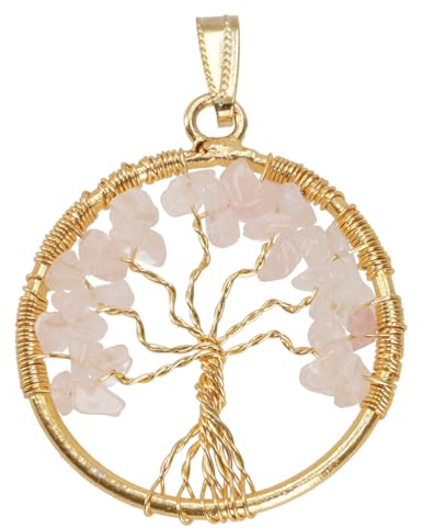 GURU SHOP Lebensbaum Amulett, goldener Kettenanhänger, Rosenquarz/gold