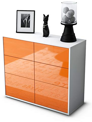 Stil.Zeit Sideboard Dalida, Korpus Weiss matt, Front Hochglanz Mandarine (92x79x35cm) Push-to-Open Technik & Leichtlaufschienen