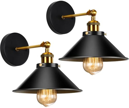 2 Stücke Wandleuchte Industrielle Wandlampe Innen E27 Wandstrahler Vintage Wand Lampen Retro Ø22 cm 180° Einstellbar Stecker Metall Wandbeleuchtung für Wohnzimmer Schlafzimmer Küche Flur