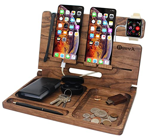 BarvA Holz-Dockingstation, faltbares Tablett, zwei Handy-Smartwatch-Halter, Herren, Ladezubehör, Nachttisch, Caddy, Kommode, mobiler Organizer, Tablet-Aufbewahrung, Jahrestag, Abschluss, Geschenk
