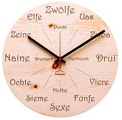 huamet Holz Wanduhr UHRFORM aus Zirbe, rund - einzigartiges Design mit urigem Südtiroler Dialekt, geräuschlos ohne Ticken - Qualitätsprodukt Made in Südtirol - CH40-A-1605