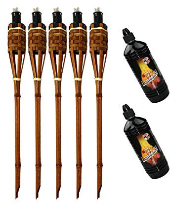 Moritz 5X Bambusfackeln Fackel Deluxe 60 cm Dunkelbraun + 2X 1000ml Lampenöl Gartenfackel Ölfackeln Garten Deko Öllampe Wegleuchte