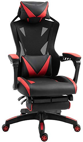 Vinsetto Silla Gaming Ergonómica Silla de Escritorio para Oficina con Altura Ajustable Respaldo Regulable de 170° Almohada Lumbar y Reposapiés Retráctil 65x70x117-125 cm Rojo