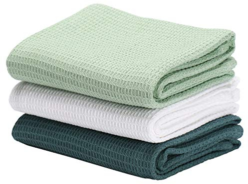 Jennice House Geschirrtücher Set, Baumwoll Waffelgewebe Küchentücher, Handtücher in großer Größe, 3er Set (Grün Set)