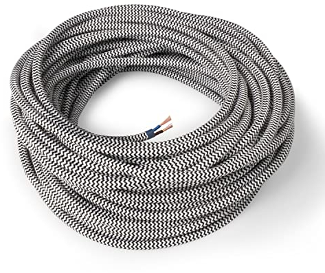 Amarcords - Cavo elettrico tessile colore BIANCO-NERO ZIG-ZAG tondo seta 20 metri con messa a terra 3x075mm - Filo rivestito in tessuto colorato vintage per lampade lampadari applique e abat jour.