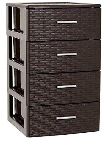 Acan Tradineur - Cajonera de ordenación Rattan de plástico - 4 cajones - Torre de almacenaje Multiusos, Organizador Auxiliar, Almacenamiento, baño - 61,5 x 36,5 x 36,5 cm - Color Wengué