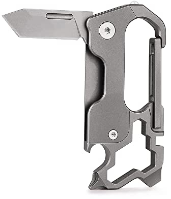 Multifunktionaler Titan-Schlüsselanhänger-Karabiner mit VG10 Klappmesser Drehschraubendreher Multitool Clip Flaschenöffner Glasbrecher Perfekt für Zuhause/Büro/Camping