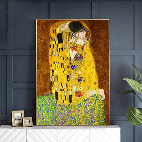 Jianghu Art Berühmte Gustav Klimt Kuss Kunstdruck Auf Leinwand Welt Kunstwerk Ölgemälde Reproduktion Wiener Secession Wandbild Dekor 70x115cm (28x45in) Mit Rahmen