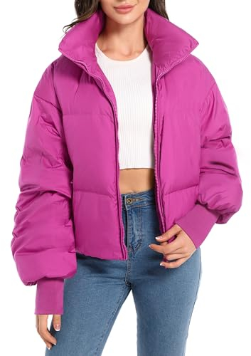 OROLAY Piumino Invernale da Donna Collo Alto Sagoma Oversize a Bolle Piumino Corto Rosa M