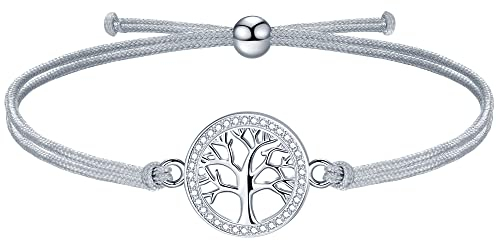J.Endéar Bracelet Cordon Porte-Bonheur, Bracelet Arbre de Vie Argent 925 Femmes, Ado fille Bracelet Chaîne Grise Ajustable, Anniversaire Journée Enfants Bijoux Cadeaux