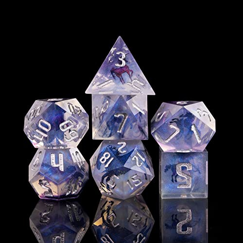 Cusdie DND-Würfel mit scharfen Kanten, 7-teilig, D&D-Würfel, handgefertigt, polyedrisches Würfel-Set, für Rollenspiele (Einhorn-Decoupage)