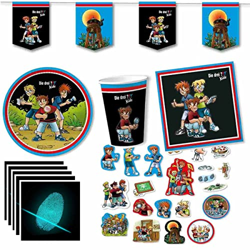 Partyset Die Drei ??? Kids für 10 Kinder mit Fingerabdruck-Sticker // Kindergeburtstag Drei Fragezeichen Partyzubehör