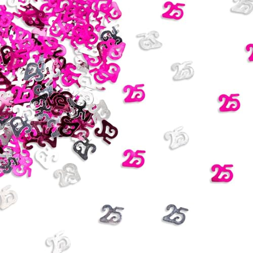 25th Birthday Confetti 56g - Pink & Silver Metallic Foil Table Scatter Sprinkles, Number 25 Party Decorations for Birthday Tables, Cards, Invitations, Gift Bags and Celebration Décor