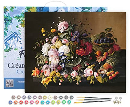 Figured'Art Malen Nach Zahlen Erwachsene Mit Rahmen Blumen und Obst - Severin Roesen - Paint by Numbers Basteln DIY Bastelset 40x50cm Leinwand gespannt auf Holzrahmen