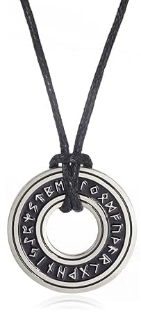 Vintage Nordische Wikinger Runen Halskette Corsair Runenform älterer Futhark Ring Kreis Talisman Anhänger Lederkette Wikingergeschenk Schmuck für Männer und Frauen (Wikinger Runen Halskette-L-S)