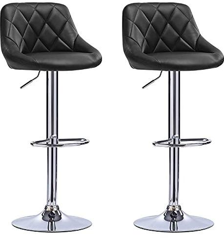 THINFAR 2er Set Barhocker mit gepolstertem Ledersitz, höhenverstellbar, mit Kissen, Chromsockel (D,Schwarz-2 Stück)