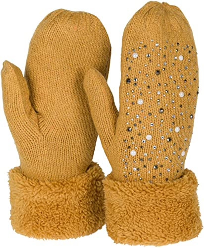 styleBREAKER Damen warme Winter Strick Fäustlinge mit Strass und Perlen, Handschuhe, Thermo Fleece, Strickhandschuhe 09010039, Farbe:Curry