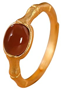 Myshiwu 925 Sterling Silber Hetian Jade Karneol Ring, Vintage Elegance Verstellbarer Bambus Joint Edelstein Ring(Gold+Roter Achat