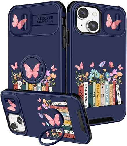 Funermei (2in1 for iPhone 14 Plus Phone Case for Women Cute Girls Butterfly Books Flower Cover Kawaii Girly Pretty for Teen Girl Design with Camera Cover+Ring Stand Funda for Apple 14 Plus Case