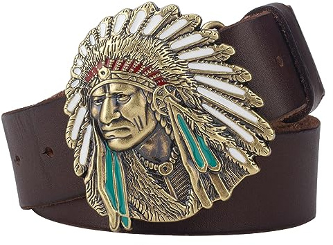 WRJAHCG Herren GürtelHerren-Gürtelherren Gürtel, Gürtel Herren Western Cowboy, Cowboy-Ledergürtel mit 3D-Indianer-Kopfmuster Schnalle Vintage-Prägung