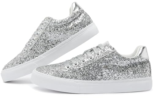 Jeekopeg Glitzernde modische Sneaker-Schuhe, glänzende Freizeitschuhe, glitzernde Pailletten, Konzert, niedrig geschnitten, Schnürschuhe, Silber Glitter, 14 Women/12 Men