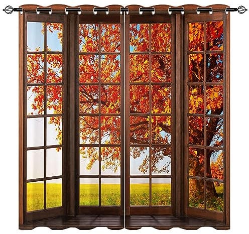 YUANZU Herbst Vorhänge Natur Fall Baum Landschaft Muster Ösen Gardinen mit Blickdichte Vorhang Kälteschutz Blackout Curtain Wohnzimmer Schlafzimmer Verdunkelung Fenster, 2 Stück, H 260 x B 200 cm