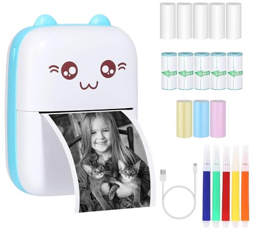 Fivtsme Handy Fotodrucker, Mini Drucker, Wireless BT Thermodrucker, Quittungspapierdrucker mit USB-Kabel 14 Rollen Thermopapier Unterstützung für Android iOS Smartphone Windows