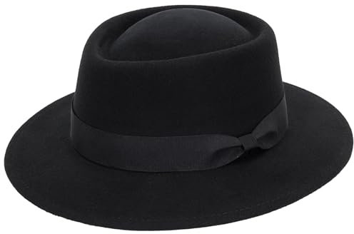 HilyBony Herren-Porkpie-Hut mit flachem Oberteil, schwarzer Wollhut mit Band (S-M)