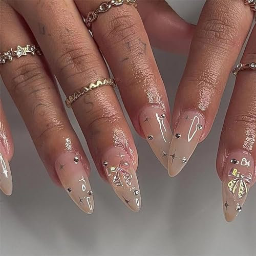 24pcs Medium Almond False Nails, Nude Stick on Nails Rhinestone Butterfly Star Pattern Press on Nails Removable Glue-on Nails Acrylic Full Cover Fake Nails Women Girls Nail Accessories