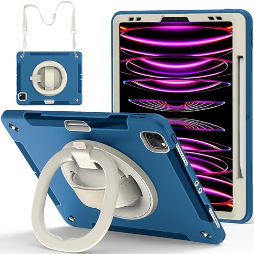AdirMi Hülle für iPad Pro 12.9 Zoll (6./5./4. Generation, 2022/2021/2020), Stoßfeste TPU-Schutzhülle in Militärische mit 360° Drehbarem Handringständer/Griff, Handschlaufe, Schultergurt,Blue B