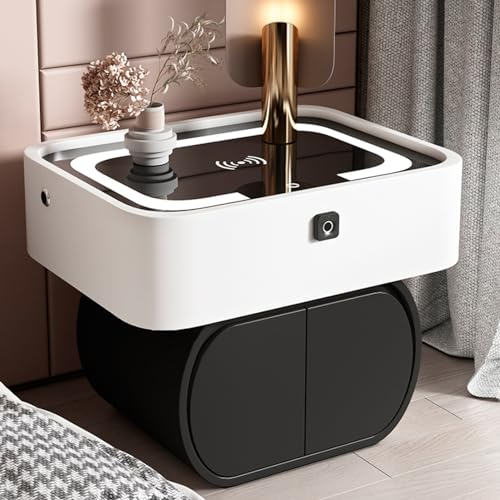 Nightstand for Bedroom Set, Smart Bedside Table with Fingerprint Lock, LED Bedside Cabinet with Charging Station and USB Ports, Bed End Table with Speaker, Storage Furniture ( Color : White2pc , Size