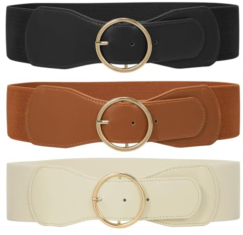 WERFORU 3 Stück Elastischer Taillengürtel für Damen Vintage Breiter Gürtel für Kleid Damen Dehnbarer Cinch Gürtel Schwarz+braun+beige