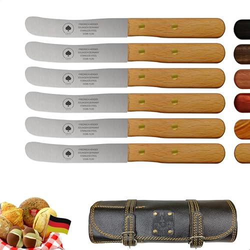 Solingen Messer 6er Set inkl. hochwertiger Ledertasche, edler Buche Holzgriff, Premium Buckelmesser, Frühstücksmesser, Brötchenmesser, rostfreie Klinge, extra scharfes Küchenmesser